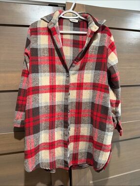 ADORA Red Brown Cream Plaid Button-Up Cardigan